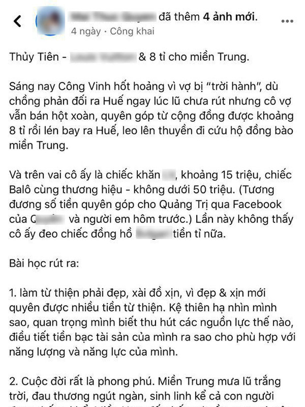 Nữ MC bị chỉ trích mạnh mẽ vì đăng status mỉa mai, "bóc giá" kém duyên đồ Thuỷ Tiên mặc khi đi cứu trợ miền Trung
